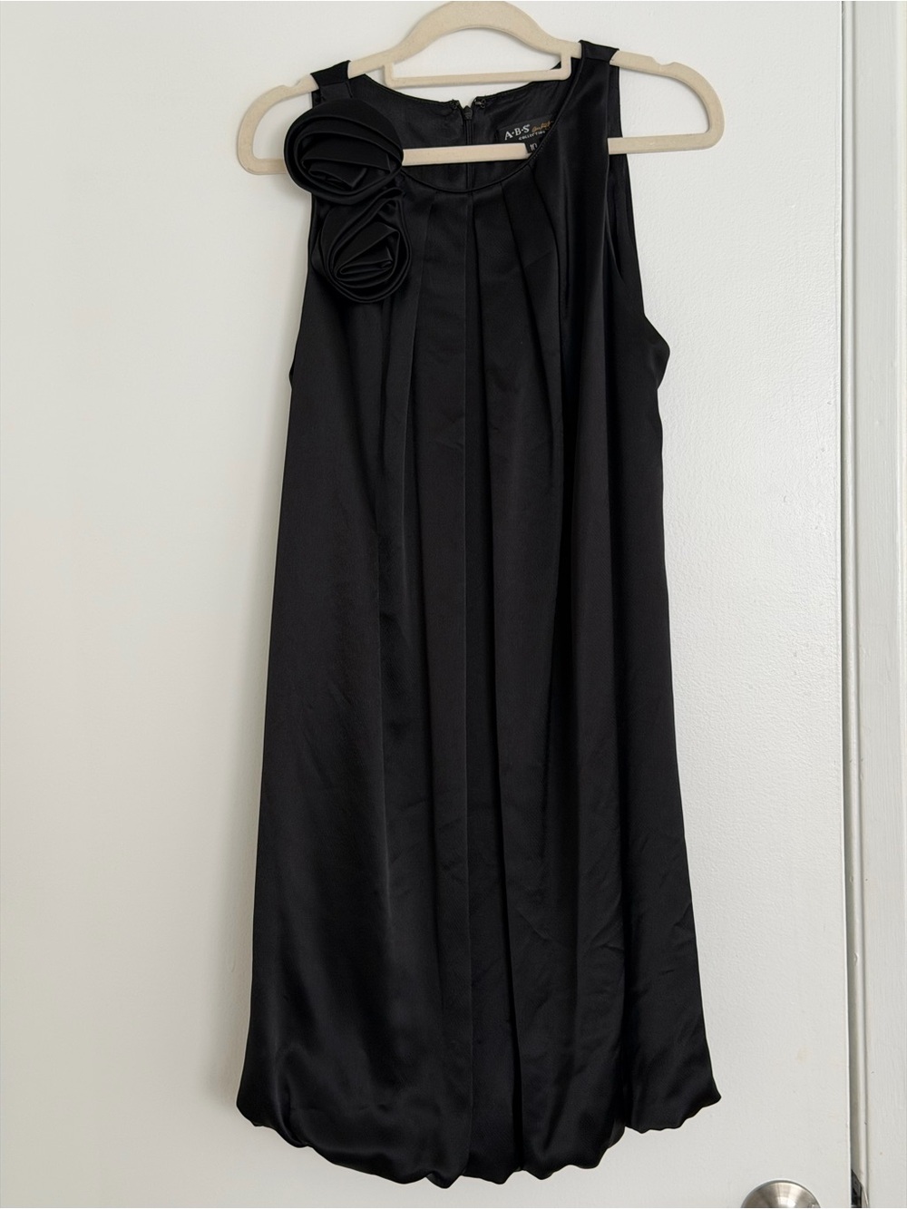 ABS Allen Schwartz Black Satin Mini Dress with Rosette Detail - Size 10